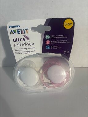 Avent Ultra Soft Pacifier Size 0-6 Months Pink/ White Sterilizer Case NIB